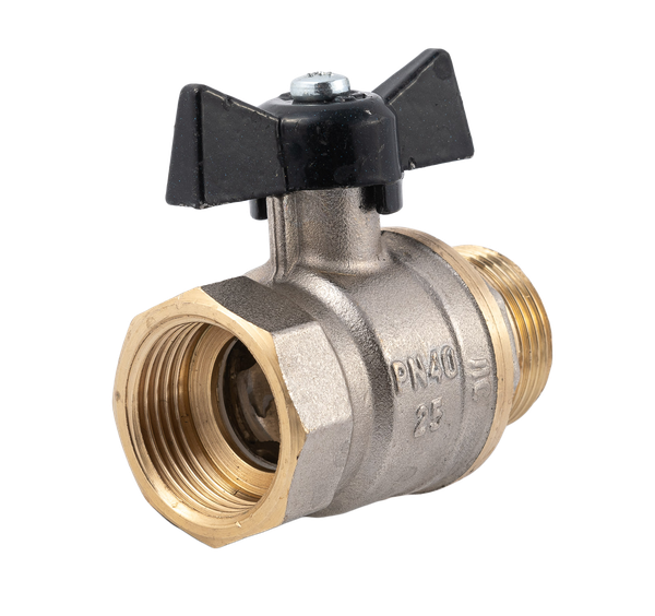 product - Кран шаровый муфтовый двусоставной НР/ВР латунный никел. (2PC), DN25 (1"), PN40, ручка-бабочка